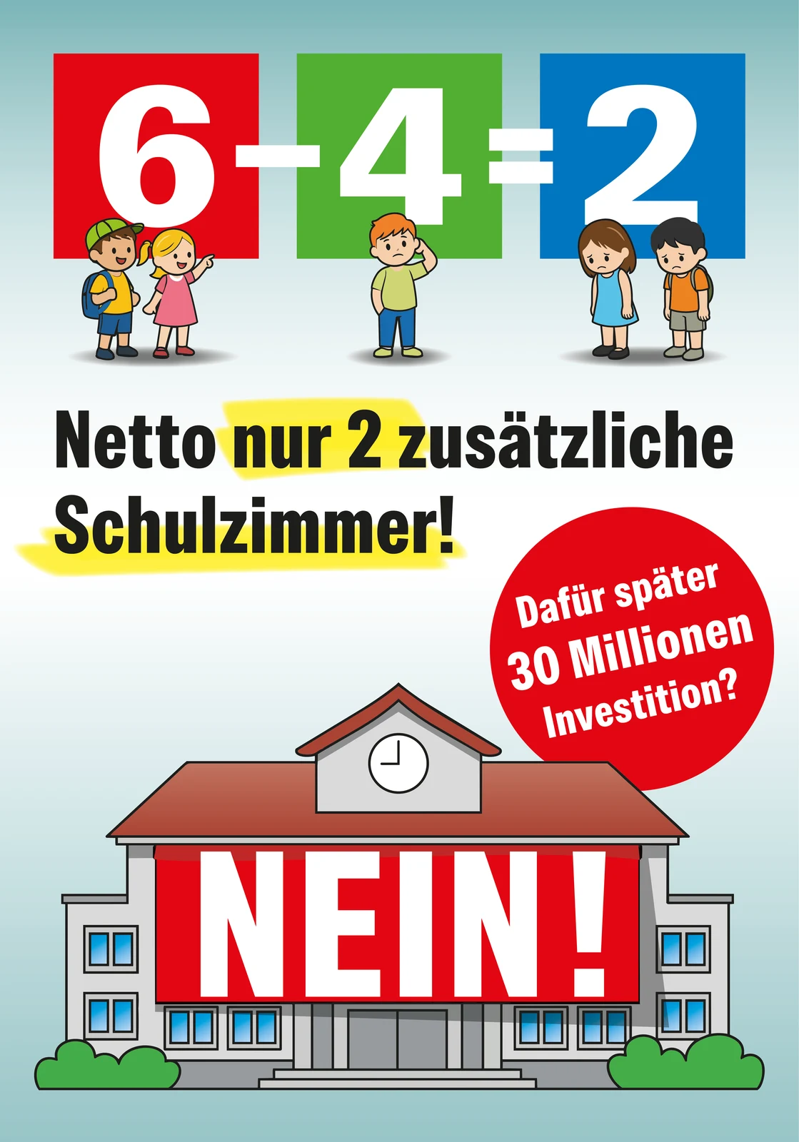 Plakatsujet: Sechs neue Klassenzimmer minus vier Container Klassenzimmer ergibt netto zwei zusätzliche Schulzimmer
